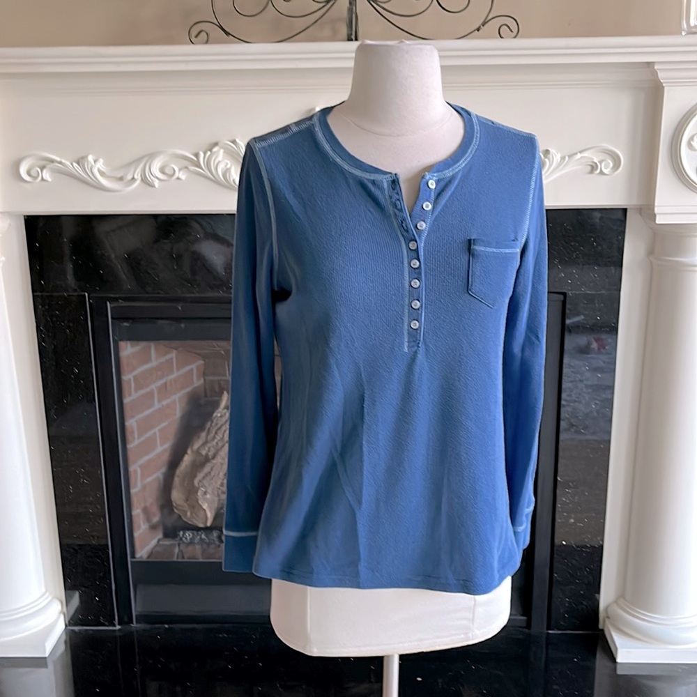 Waffle Henley Pocket Tee Long Sleeve Shirt Blue Womens Medium